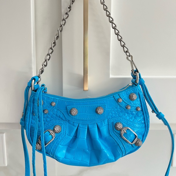 LE CAGOLE SMALL SHOULDER BAG 26 WITH RHINESTONES IN DODPER BLUE CROCODILE EMBOSSED CALFSKIN